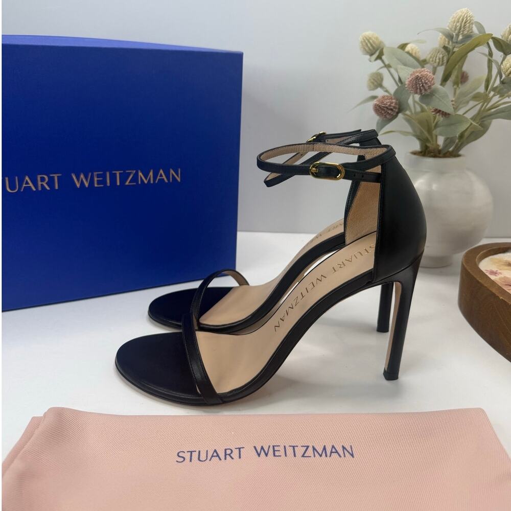 Stuart Weitzman Nudistsong Calf Leather Ankle Strap Sandal Black Women 8.5B
